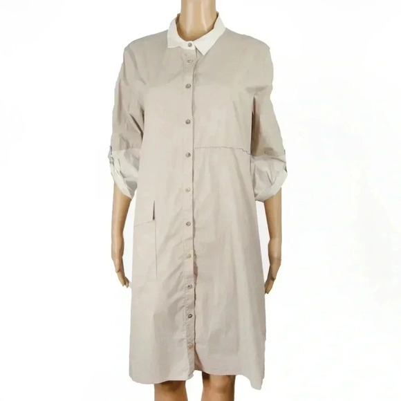 Hubert Gasser Dresses & Skirts - Hubert Gasser Bush Taupe Cream Short Sleeve Shirt Midi Dress